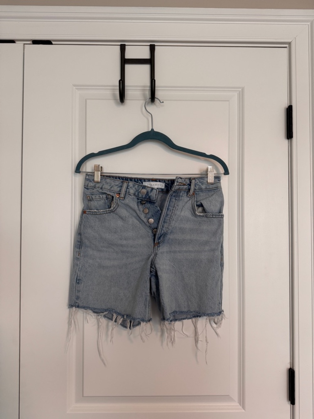 Dynamite Light Blue Distressed Button-Fly Jean Shorts